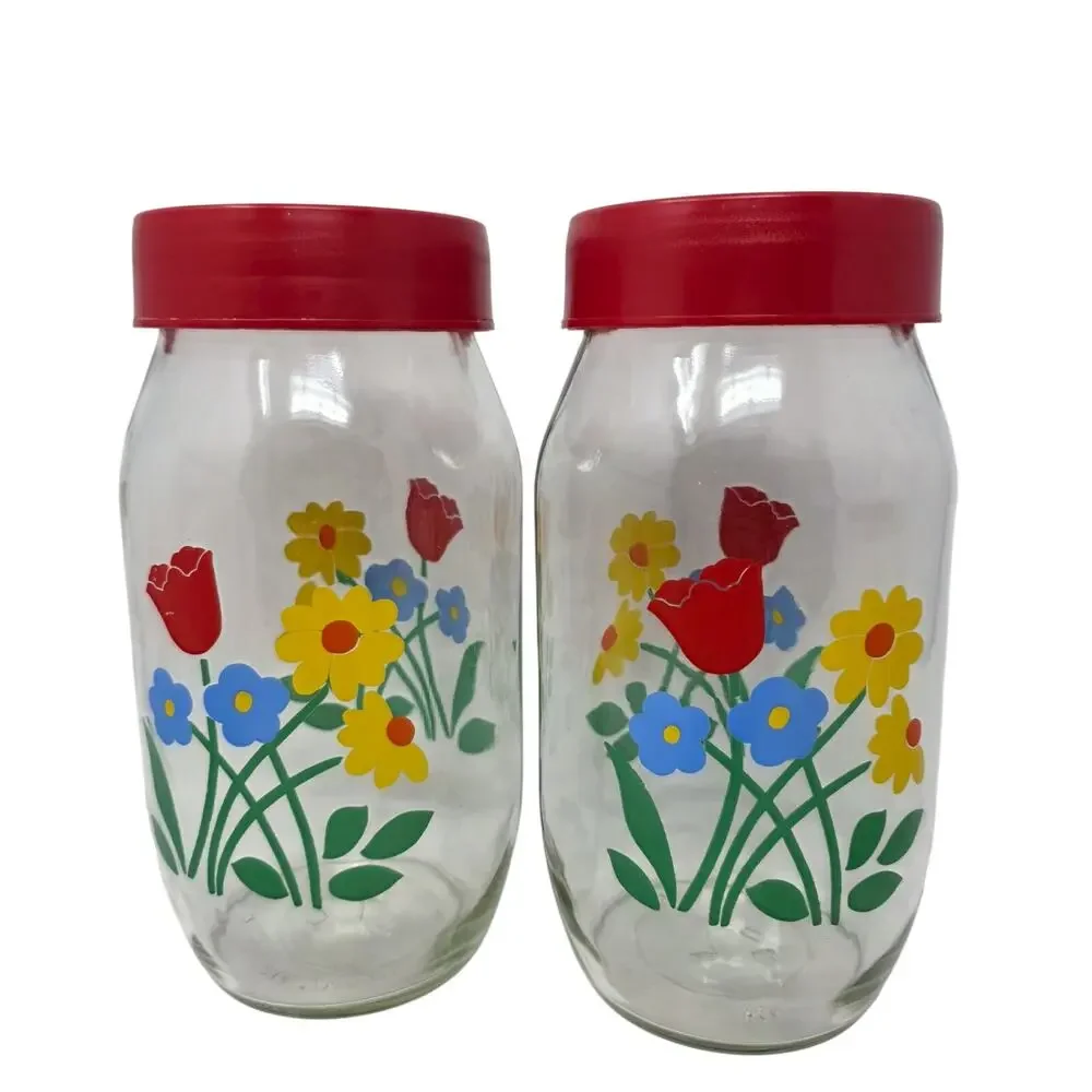 Vintage Carlton Glass Floral Canister Set 3 Red Lid Kitchen Storage Jars 80s